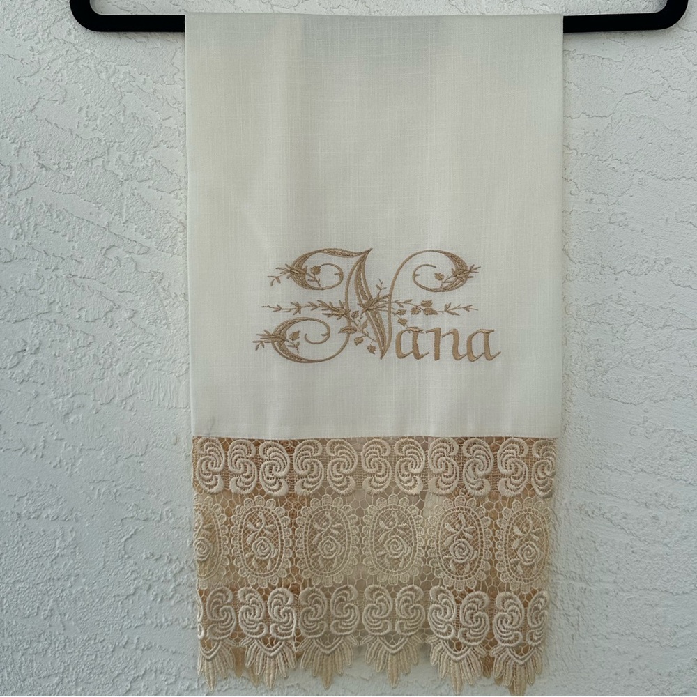 Nana Linen Hand Towel Embroidered Lace Cottage Chic 36” X 17 1/2 Handmade